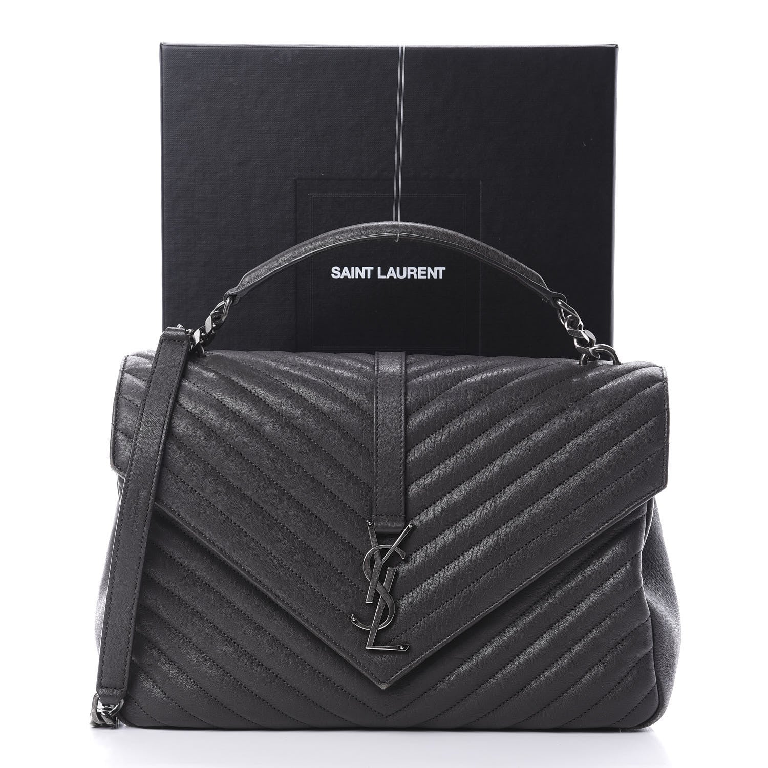 Saint Laurent Sheepskin Matelasse Chevron Monogram Large College Satchel Light Coal 20 of 20