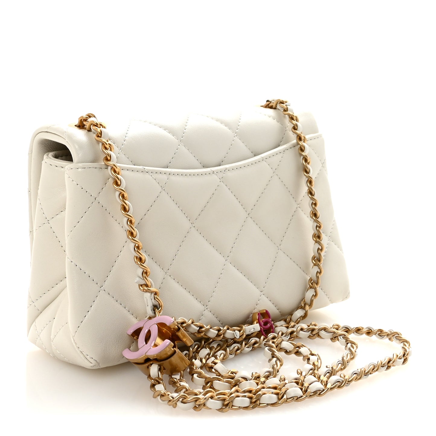 Shiny Lambskin Quilted Enamel CC Small Flap White