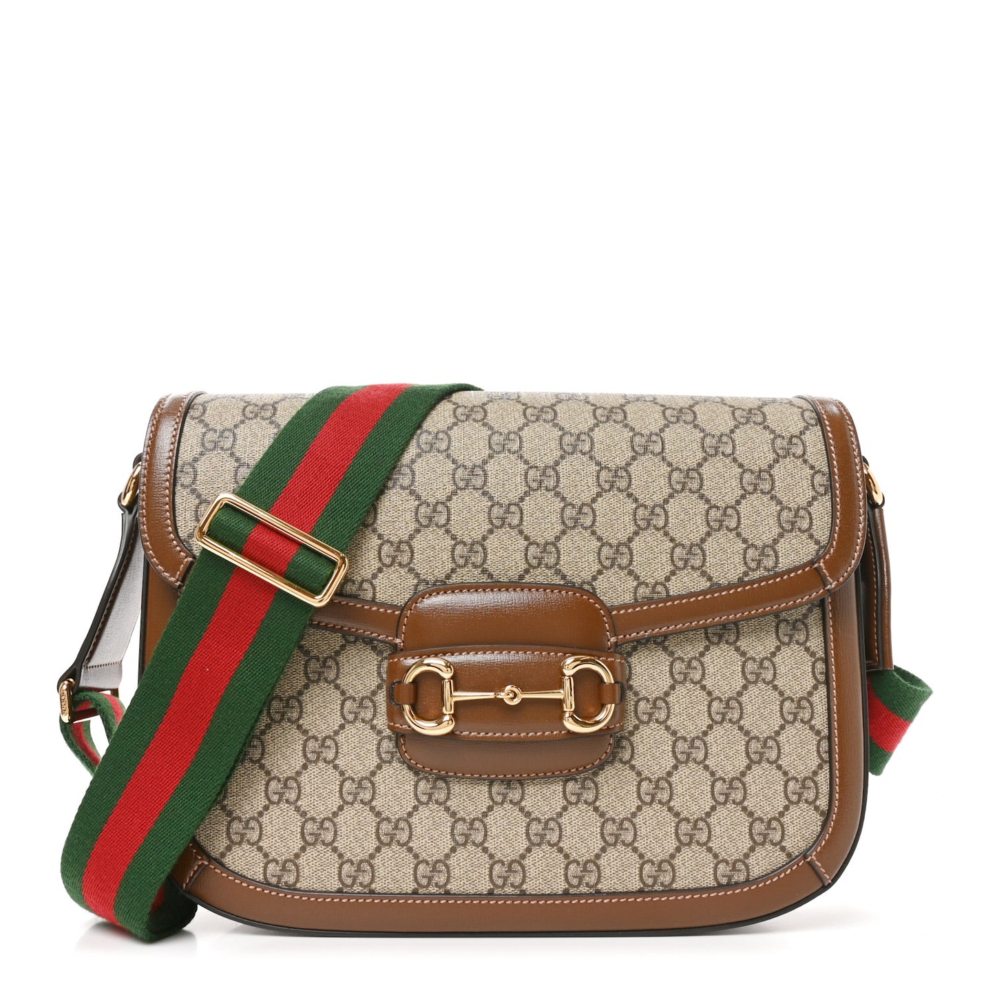 GG Supreme Monogram Azalea Calfskin Web Medium Horsebit 1955 Shoulder Bag Beige Ebony Brown Sugar