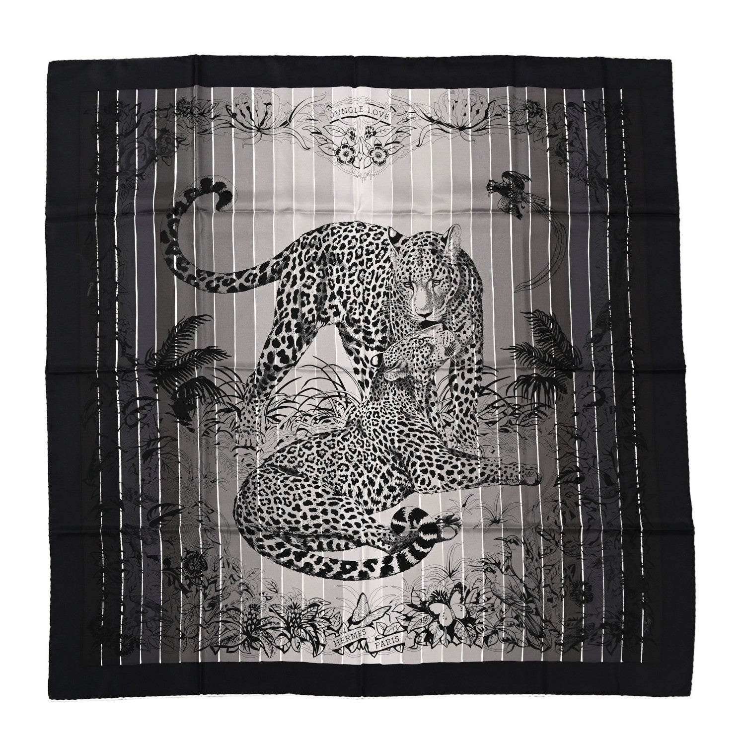 Hermes Silk Jungle Love Rainbow Scarf 90 Black Gris White 1 of 6