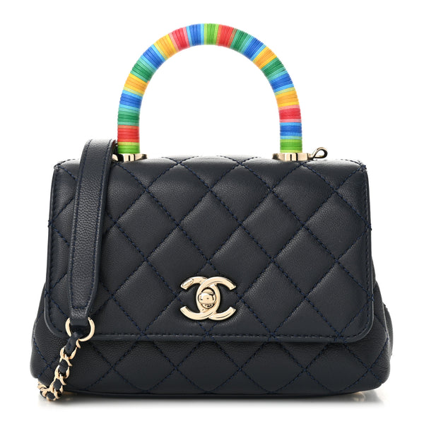 Chanel Goatskin Quilted Extra Mini Rainbow Coco Handle Flap Navy