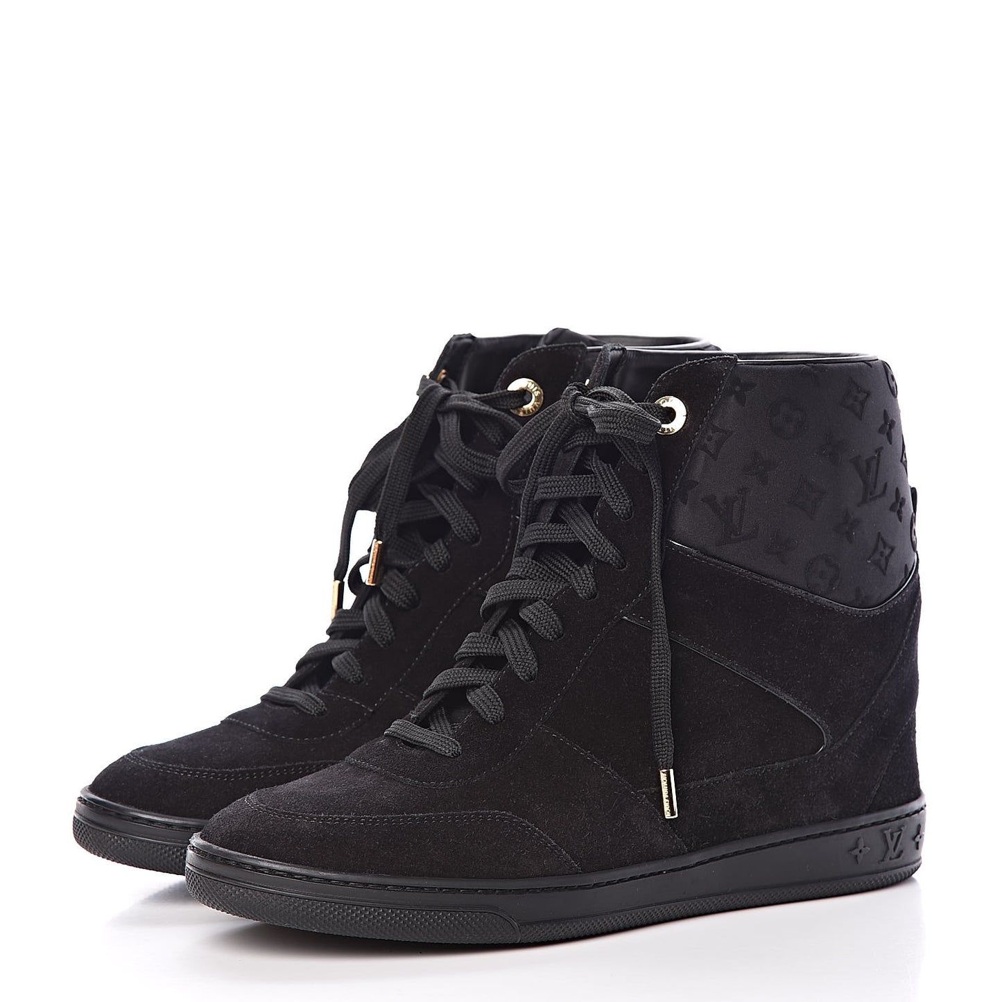 Calfskin Suede Monogram Cliff Top Wedge Sneakers 38.5 Black