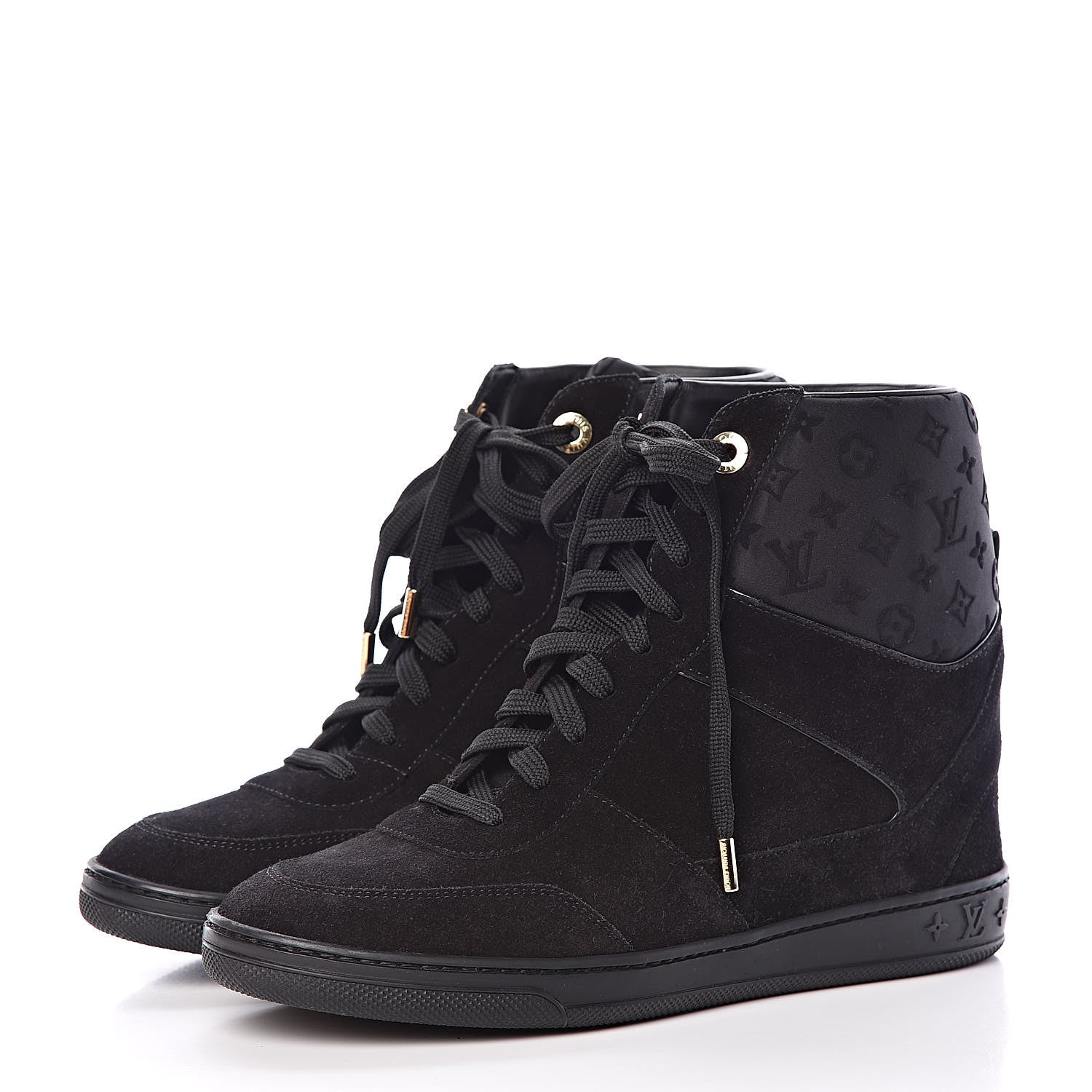 Louis Vuitton Calfskin Suede Monogram Cliff Top Wedge Sneakers 38.5 Black 3 of 8