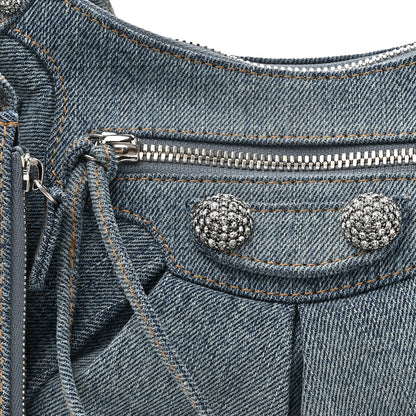 Balenciaga Washed Frayed Denim Crystal Small Le Cagole Shoulder Bag Blue 9 of 11
