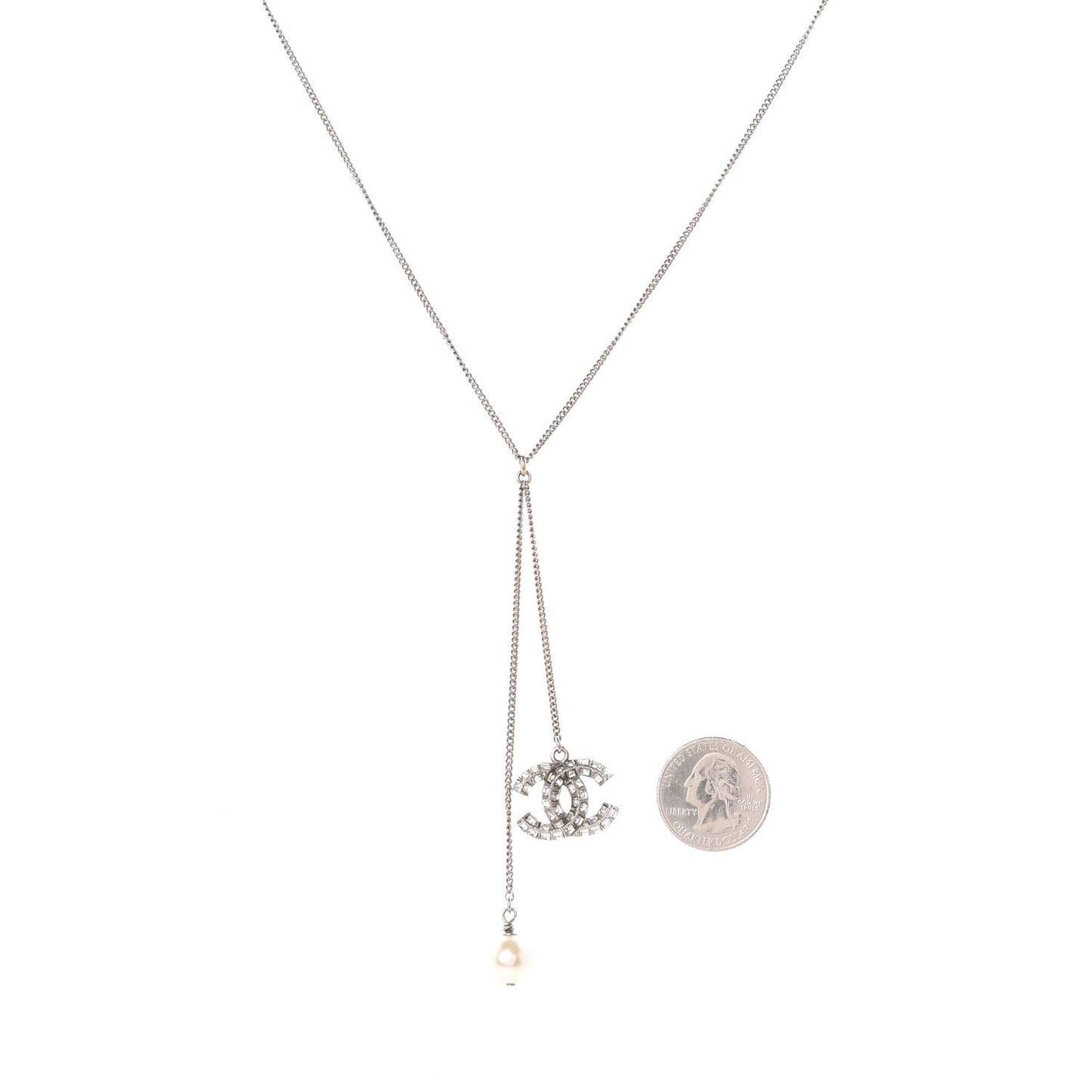 Baguette Crystal Pearl CC Lariat Necklace Silver