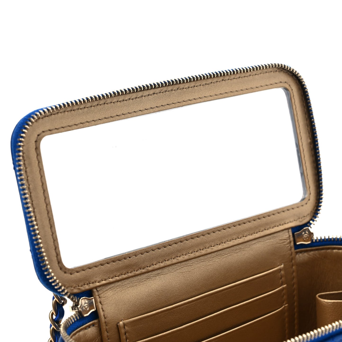 Lambskin Quilted Pearl Crush Small Vanity Case With Chain Blue