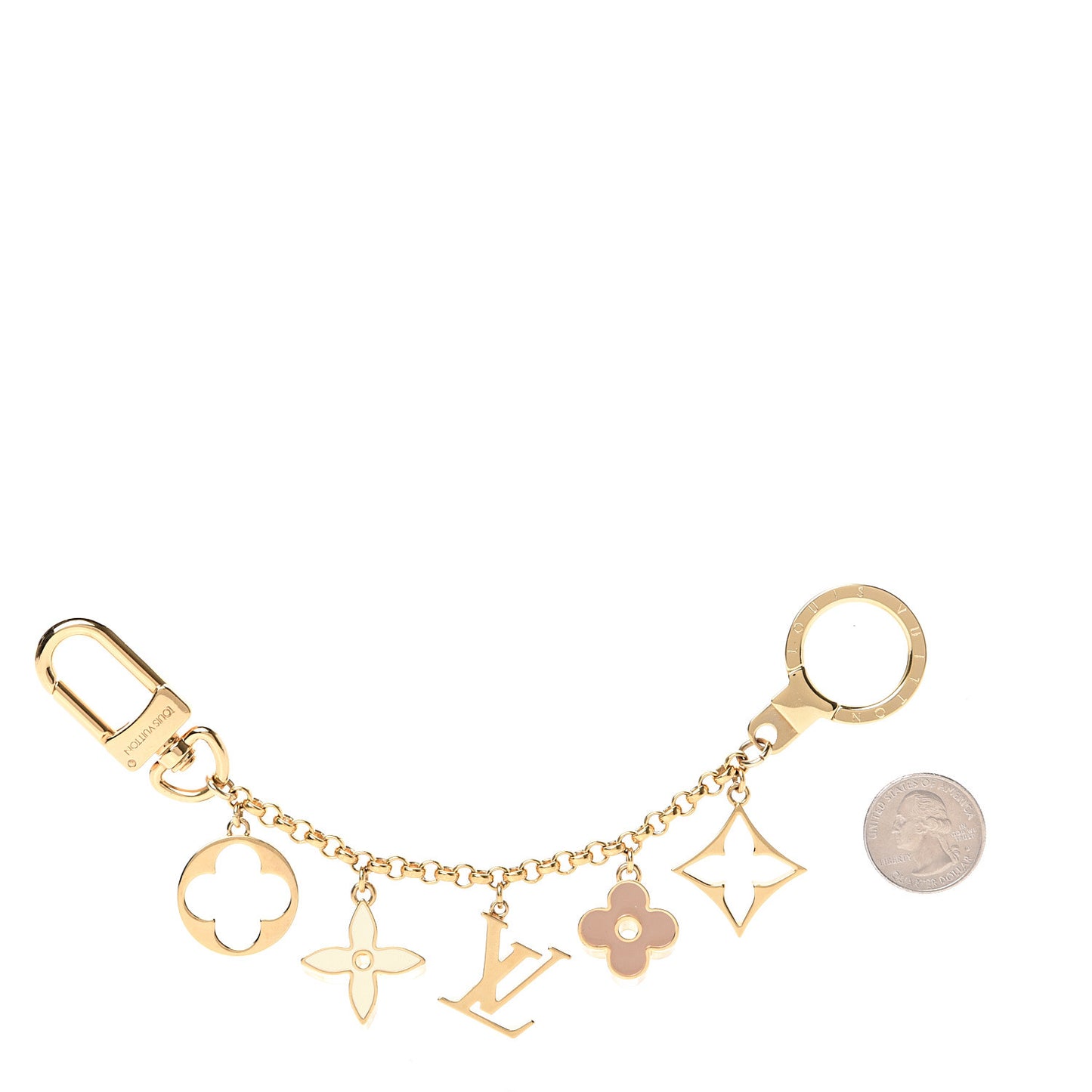 Brass Enamel Fleur De Monogram Bag Charm Chain Gold
