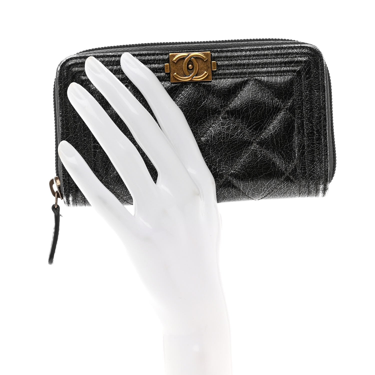 Chanel Cracked Metallic Calfskin Quilted Medium Boy Zip Around Wallet Dark Silver 2 of 9