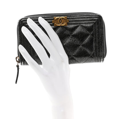 Chanel Cracked Metallic Calfskin Quilted Medium Boy Zip Around Wallet Dark Silver 2 of 9