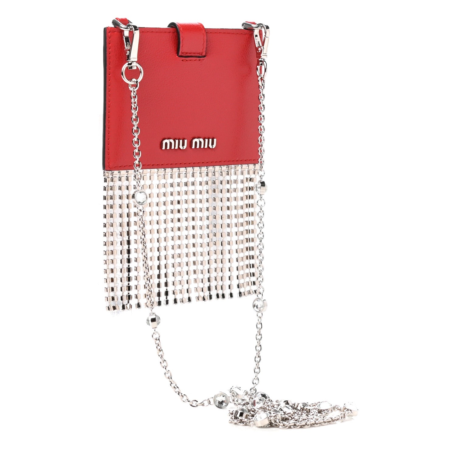 Miu Miu Glace Calfskin Crystal Card Holder Fringe Crossbody Fuoco 3 of 7