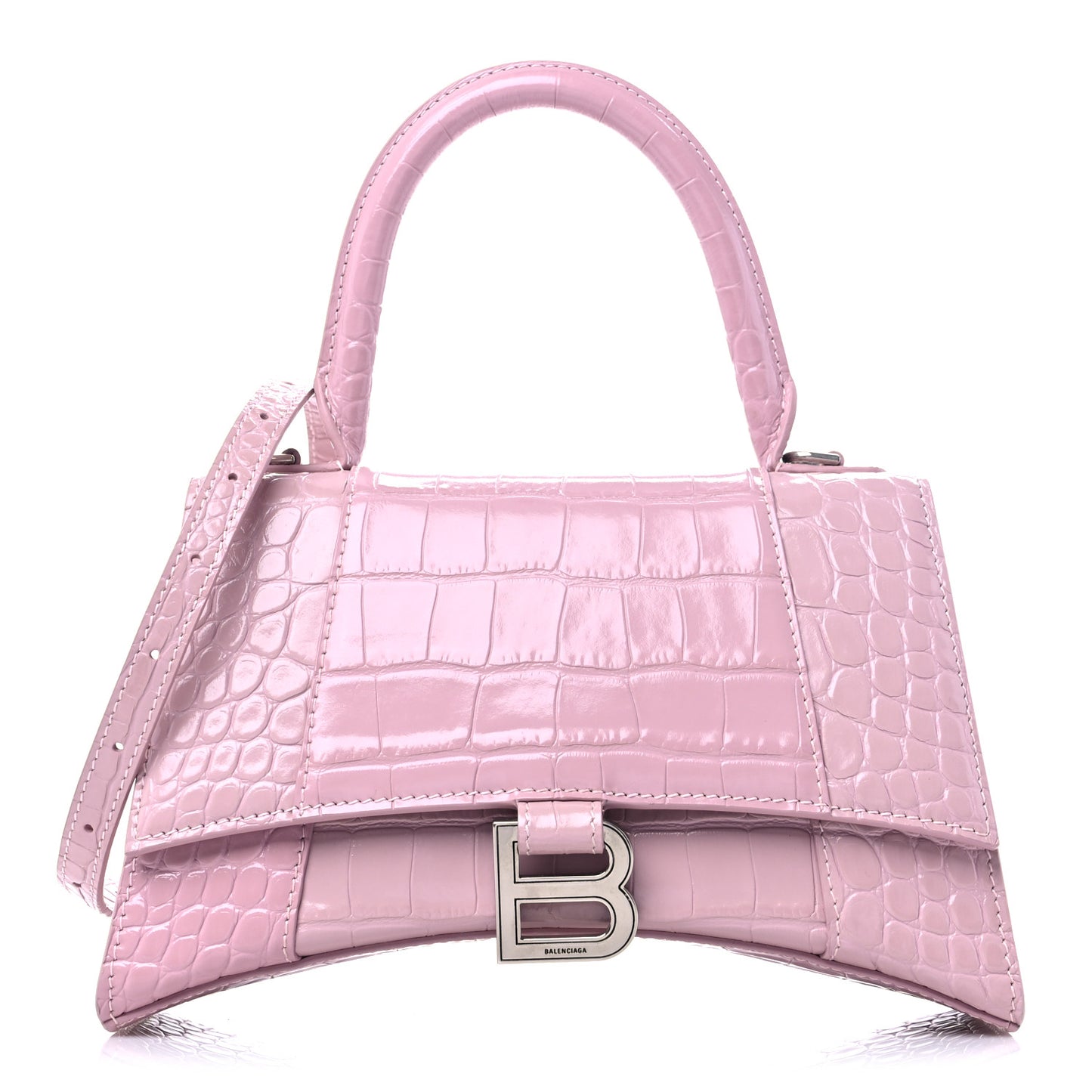 Shiny Calfskin Crocodile Embossed Small Hourglass Top Handle Bag Powder Pink