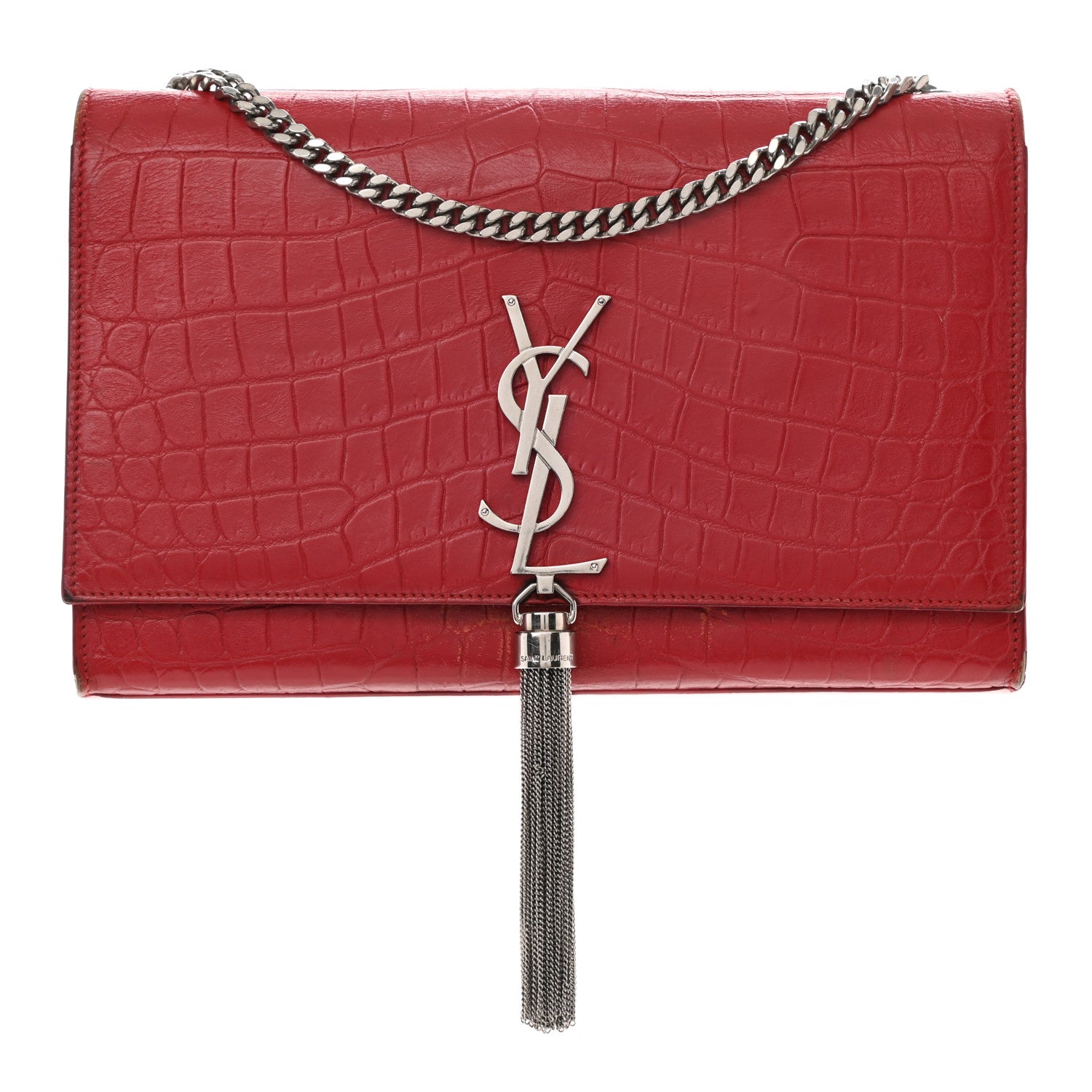 Saint Laurent Calfskin Crocodile Embossed Medium Classic Monogram Kate Tassel Satchel Red 1 of 16