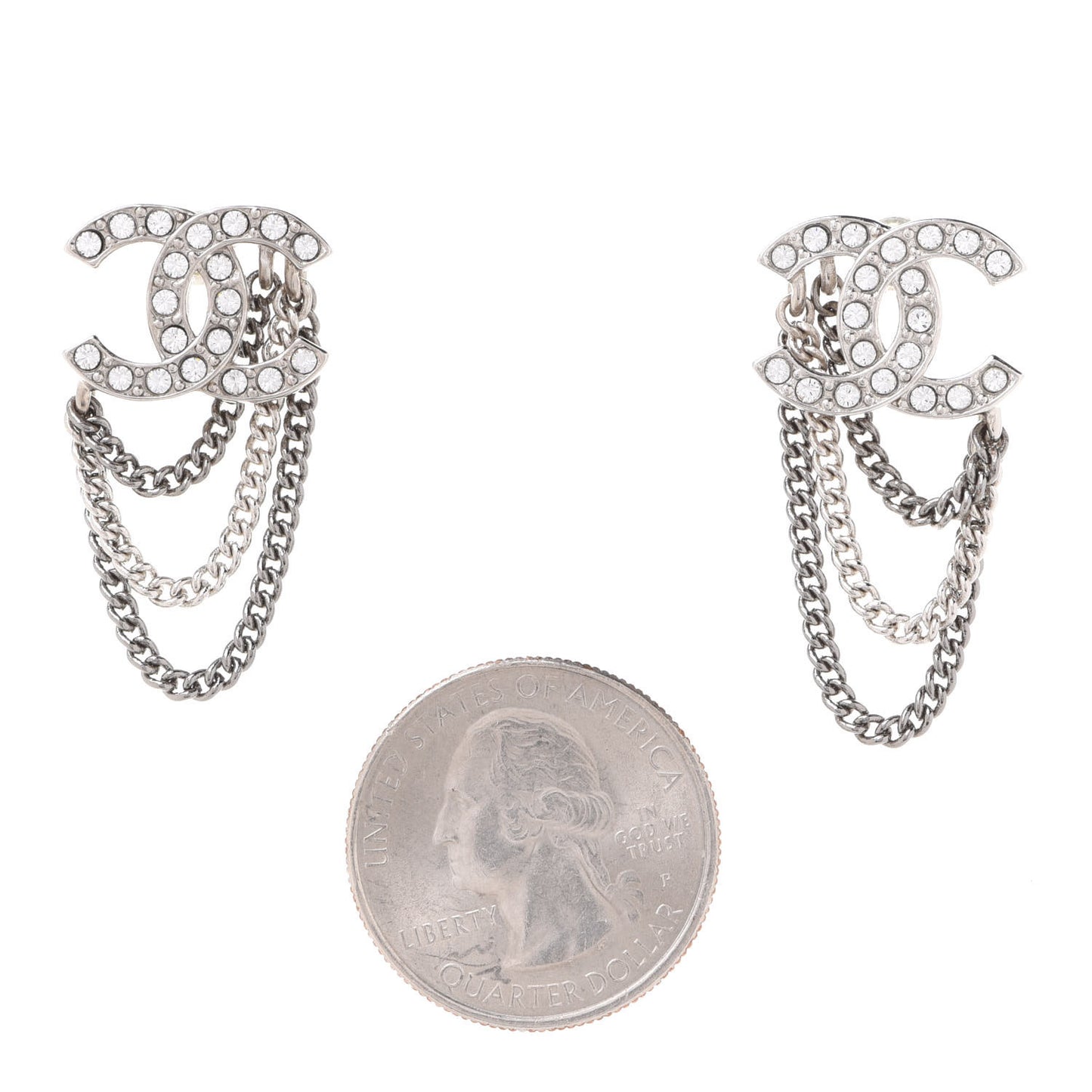 Crystal Chain CC Earrings Silver