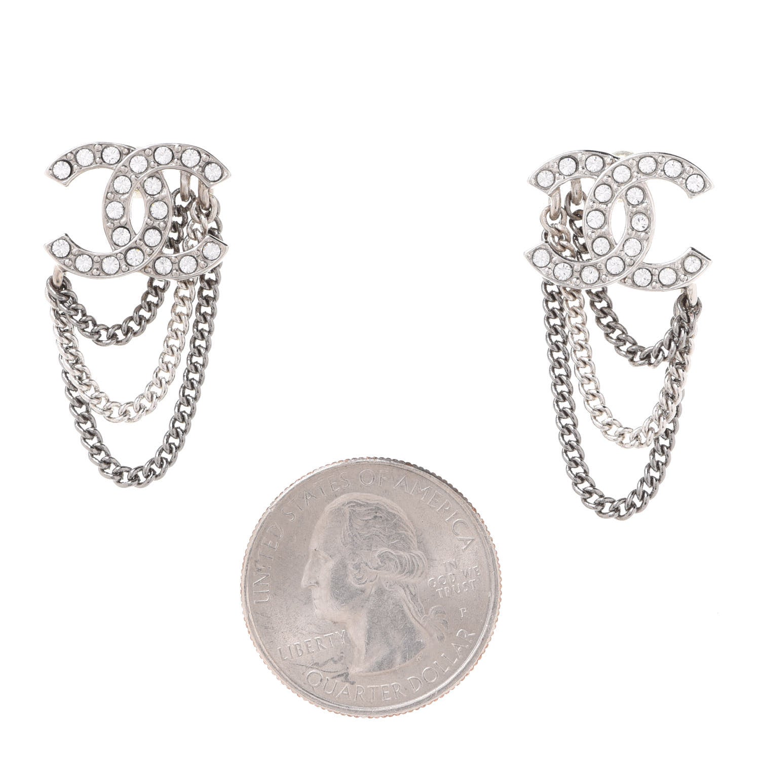 Chanel Crystal Chain CC Earrings Silver 2 of 5