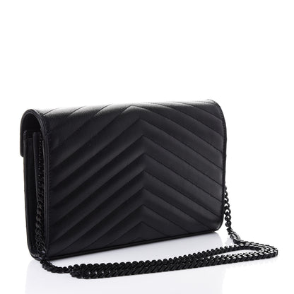 Saint Laurent Grain De Poudre Matelasse Chevron Monogram Chain Wallet Black 2 of 4