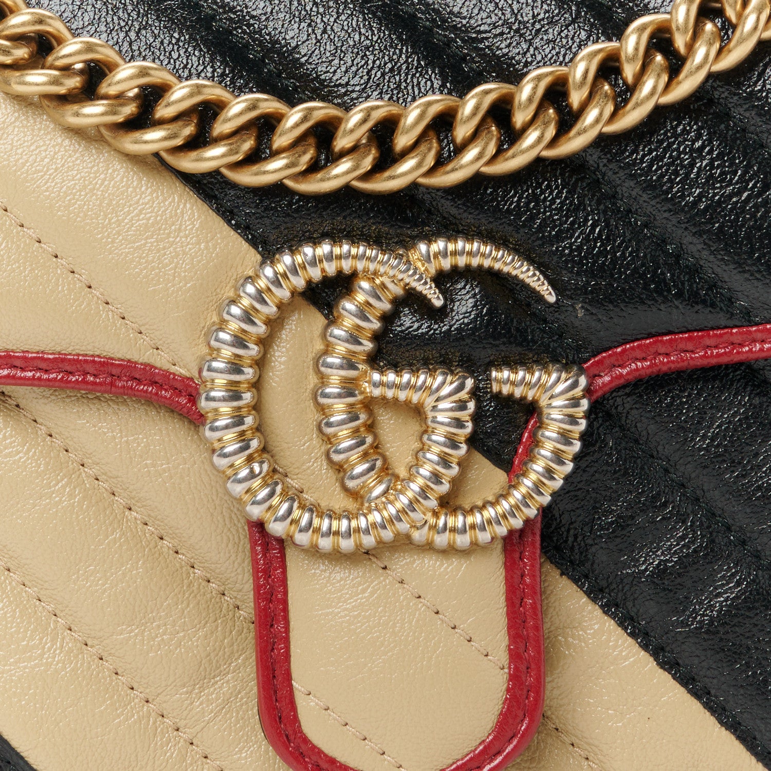 Gucci Vintage Effect Calfskin Matelasse Diagonal Striped Mini Torchon GG Marmont Shoulder Bag Black Beige 9 of 11