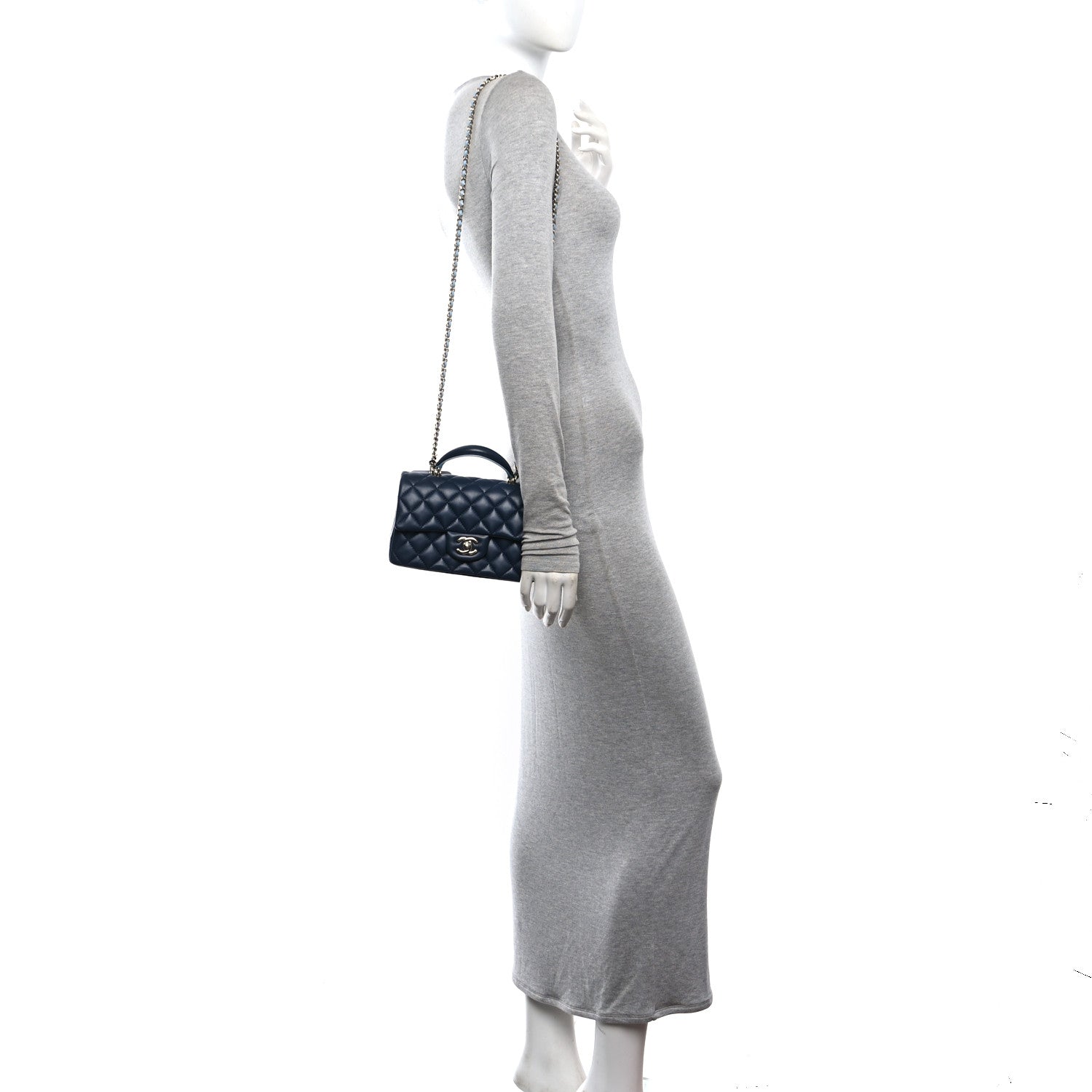 Chanel Lambskin Quilted Bi-Color Mini Top Handle Rectangular Flap Navy Blue Light Blue 2 of 11