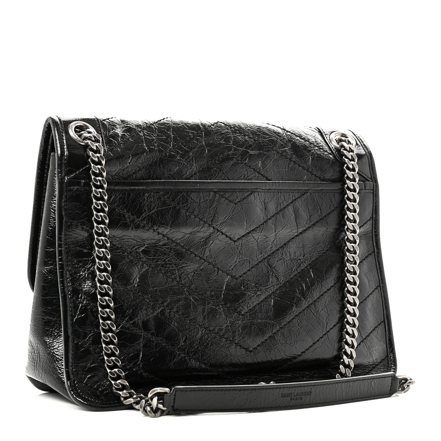 Crinkled Calfskin Matelasse Monogram Medium Niki Chain Satchel Black