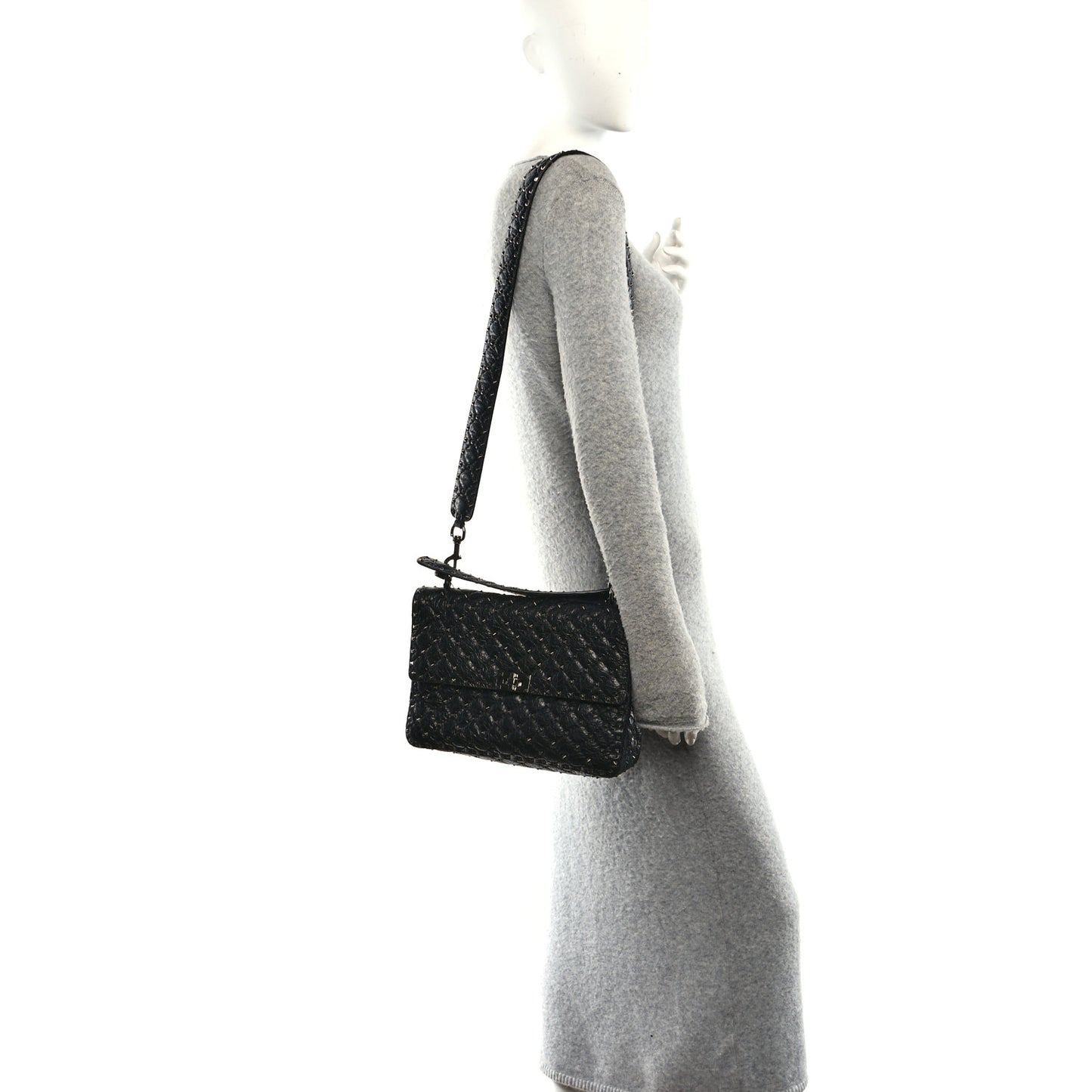 Craquele Nappa Large Rockstud Spike Shoulder Bag Black