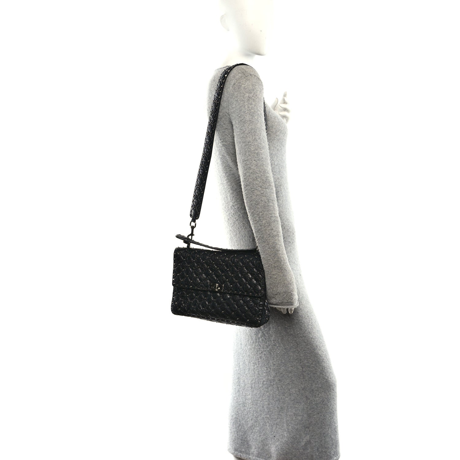 Valentino Garavani Craquele Nappa Large Rockstud Spike Shoulder Bag Black 2 of 9