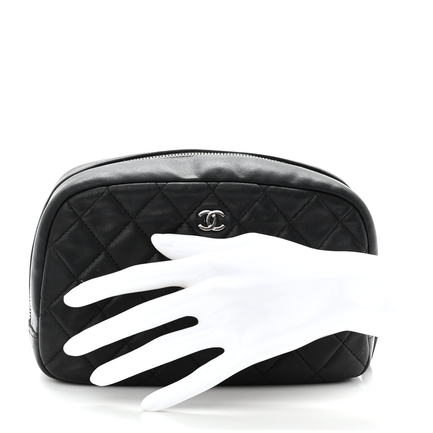 Lambskin Quilted Medium Curvy Pouch Cosmetic Case Black
