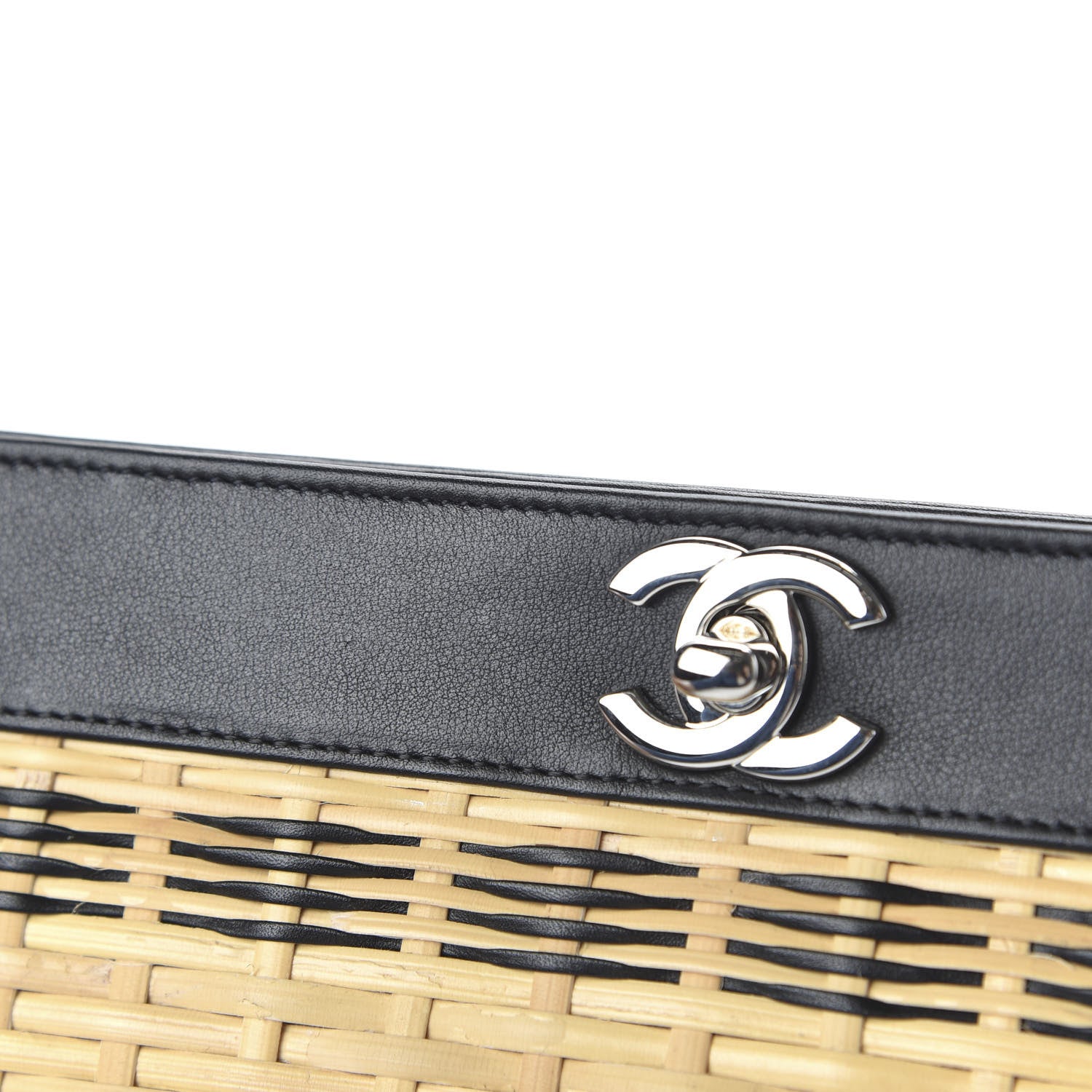 Chanel Rattan Calfskin CC Chain Wristlet Clutch Black Beige 11 of 12