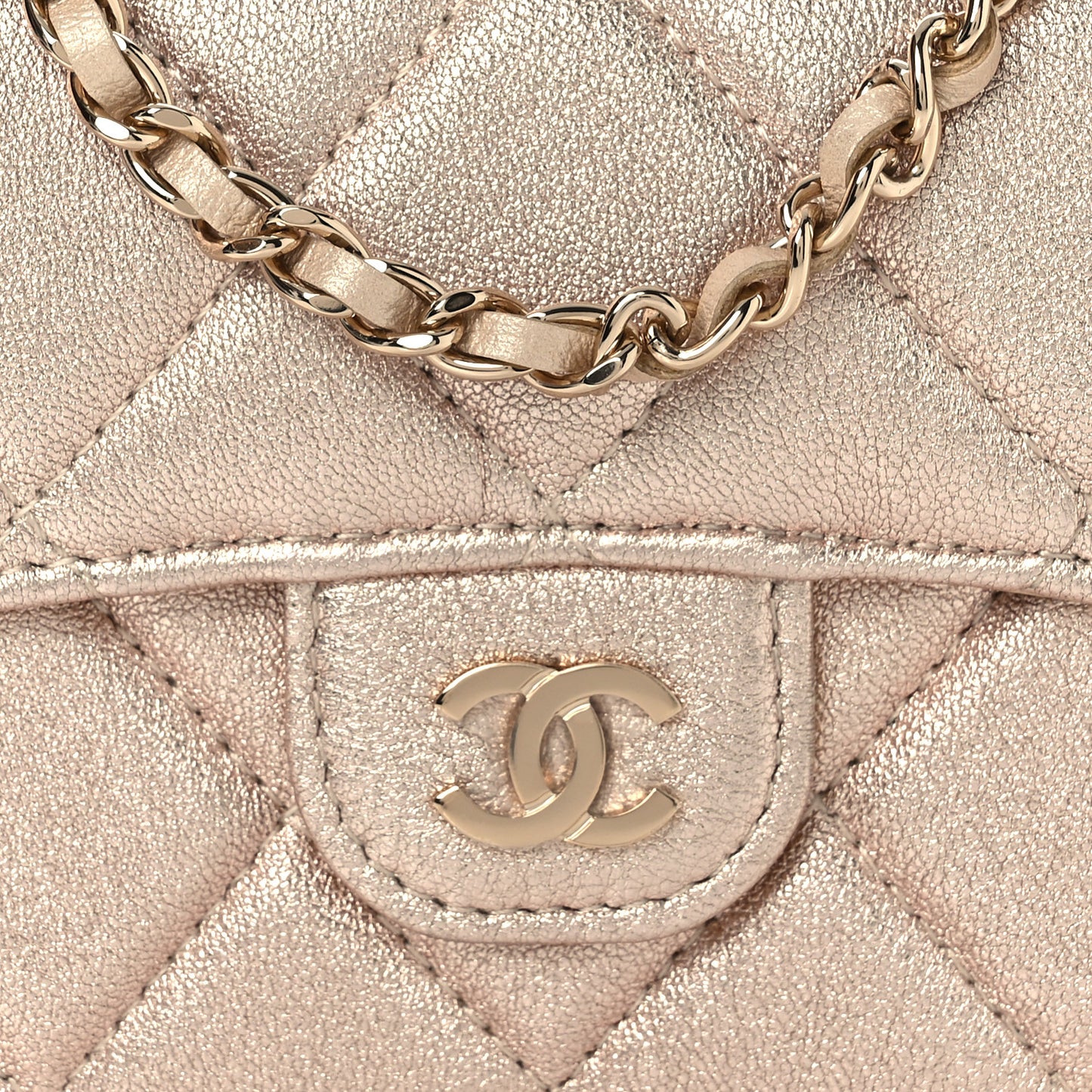 Metallic Lambskin Quilted Flap Card Holder On Chain Gold