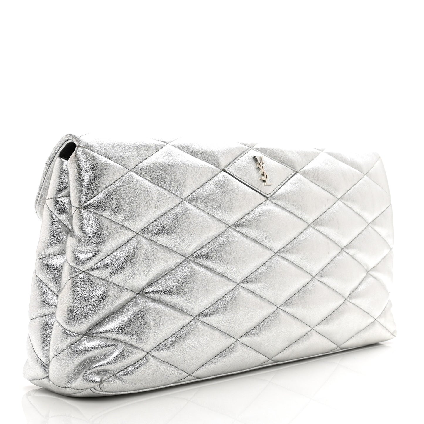 Metallic Lambskin Quilted Sade Puffer Envelope Clutch Argento