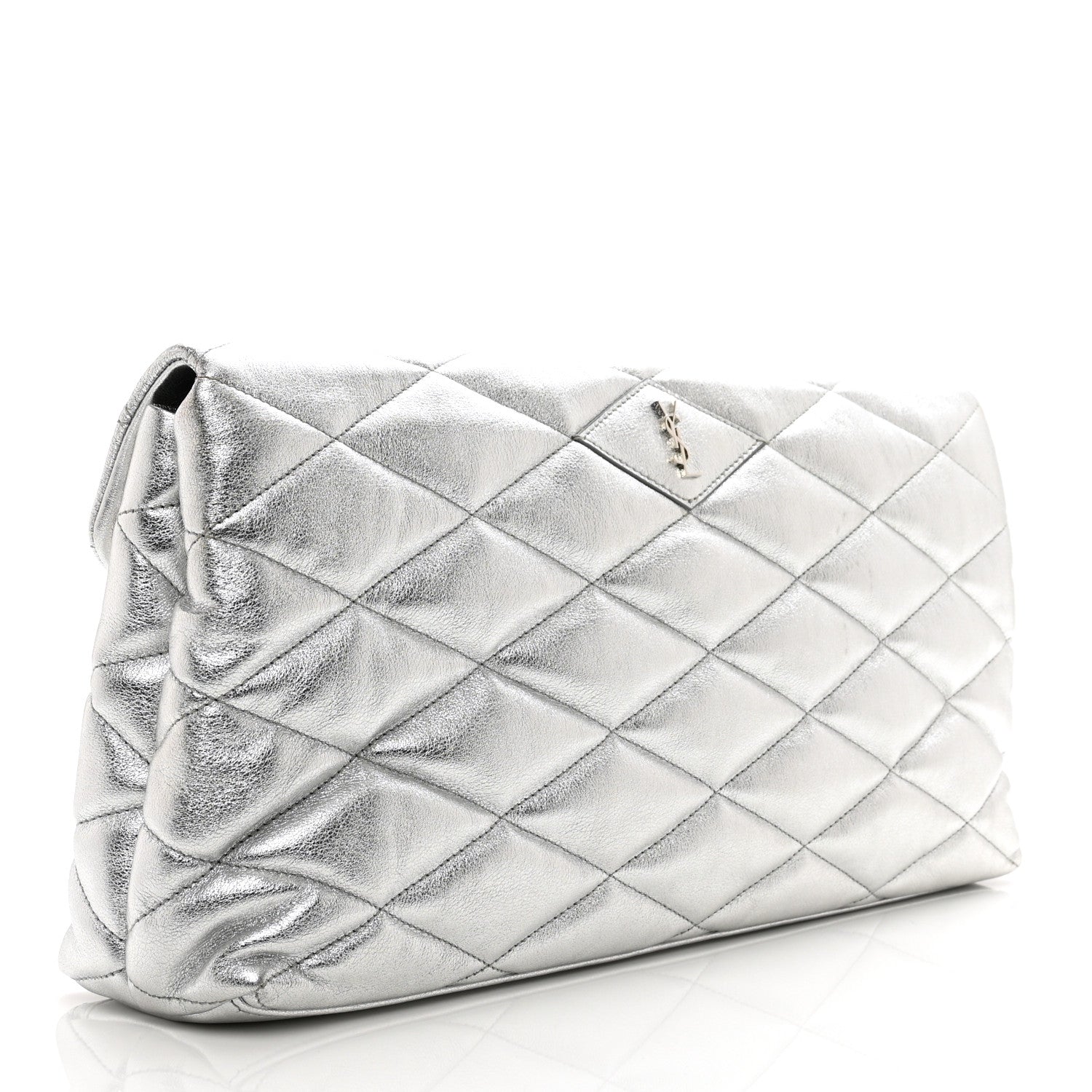 Saint Laurent Metallic Lambskin Quilted Sade Puffer Envelope Clutch Argento 3 of 6