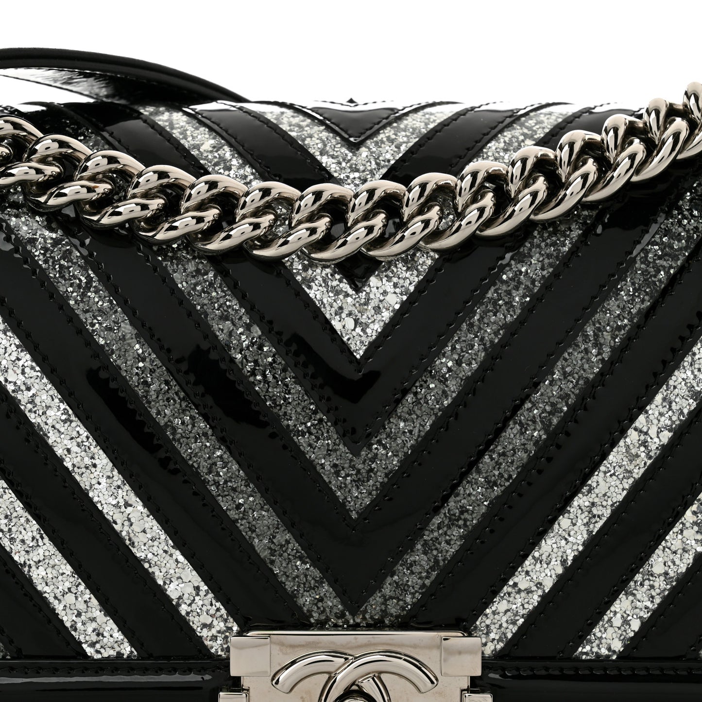Patent Glitter PVC Chevron Quilted Medium Boy Flap Black Silver