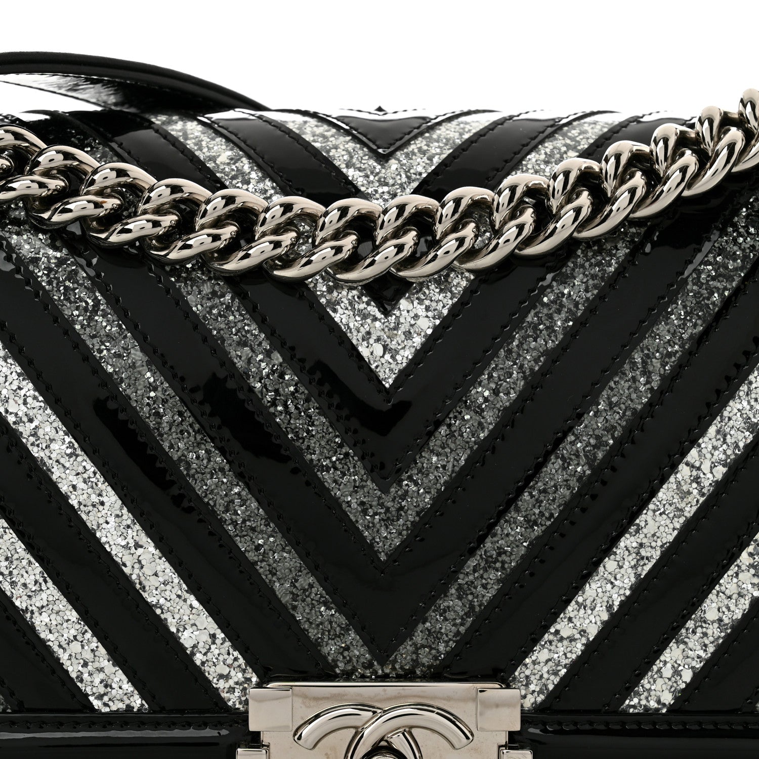 Chanel Patent Glitter PVC Chevron Quilted Medium Boy Flap Black Silver 5 of 10