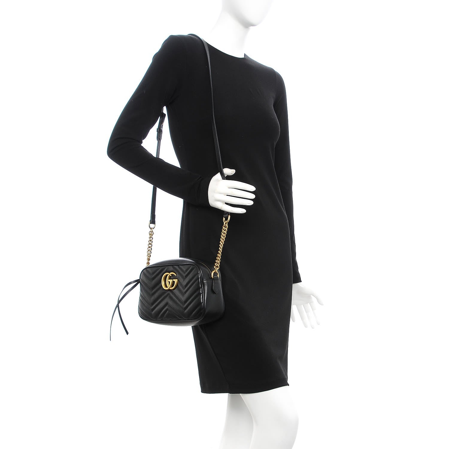 Gucci Calfskin Matelasse Small GG Marmont Chain Shoulder Bag Black 2 of 9