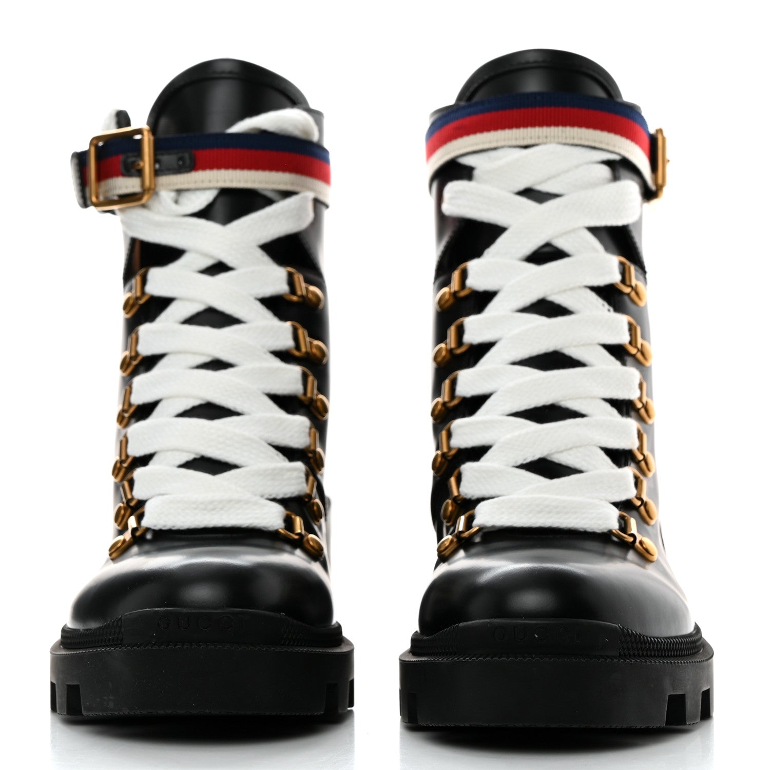 Gucci Calfskin Sylvie Web Womens Lace Up Combat Boots 37 Black 2 of 9