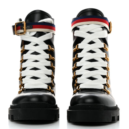 Gucci Calfskin Sylvie Web Womens Lace Up Combat Boots 37 Black 2 of 9