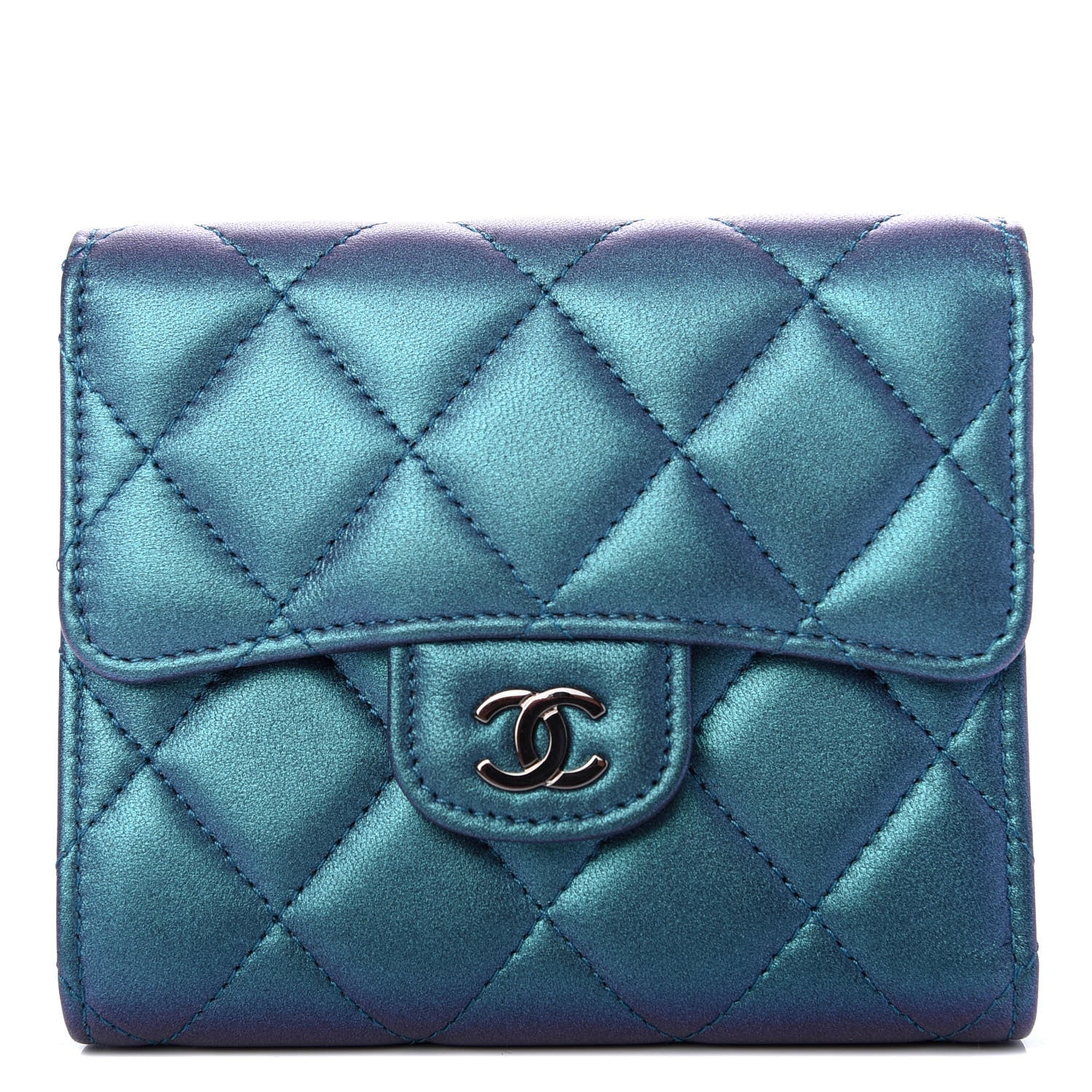 Chanel Iridescent Lambskin Quilted Small Compact Wallet Turquoise 1 of 9
