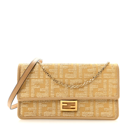 Fendi Fabric Jacquard Raffia Straw FF 1974 Wallet On Chain Natural Dark Honey 1 of 9