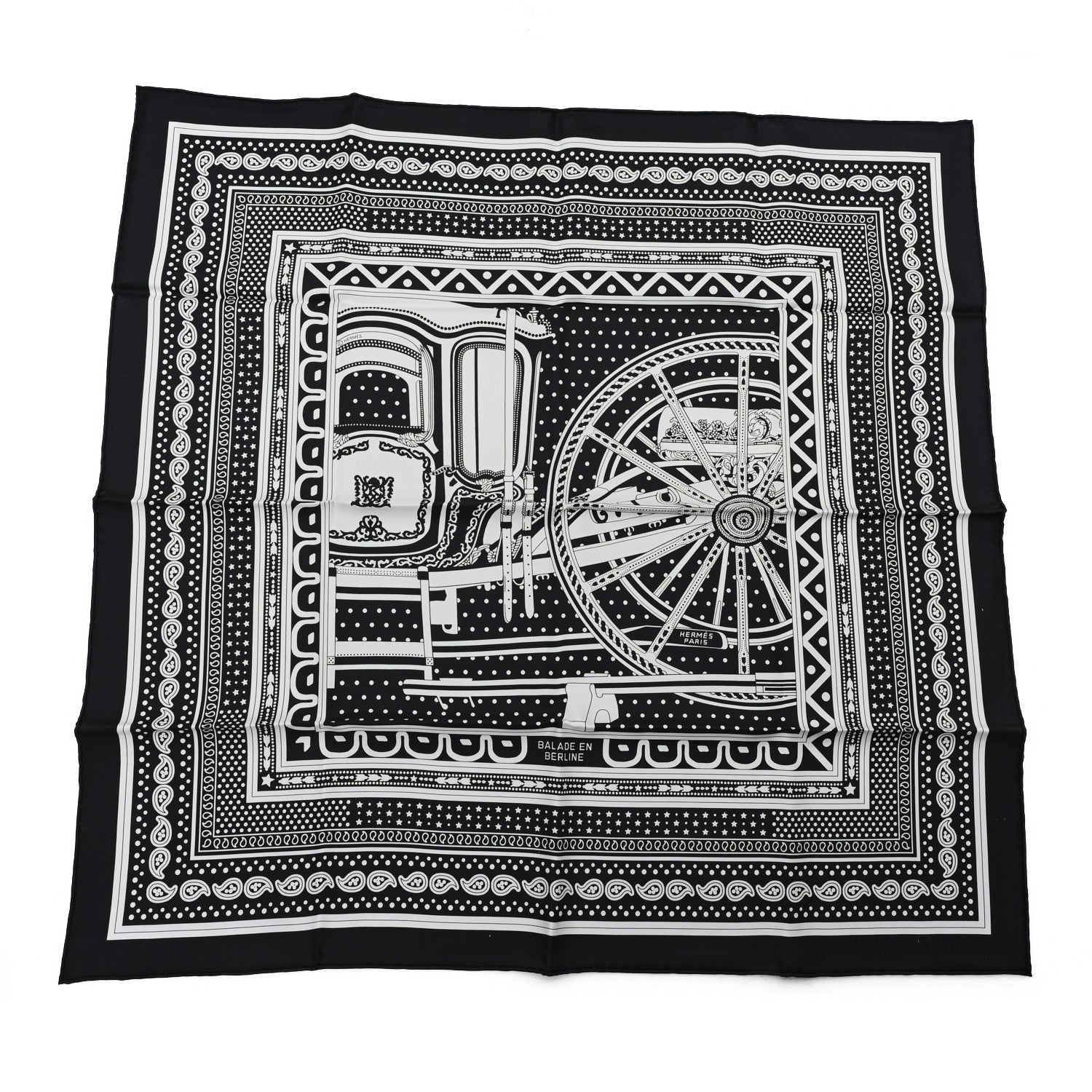 Hermes Silk Balade En Berline Bandana Scarf 70 Black White 1 of 3
