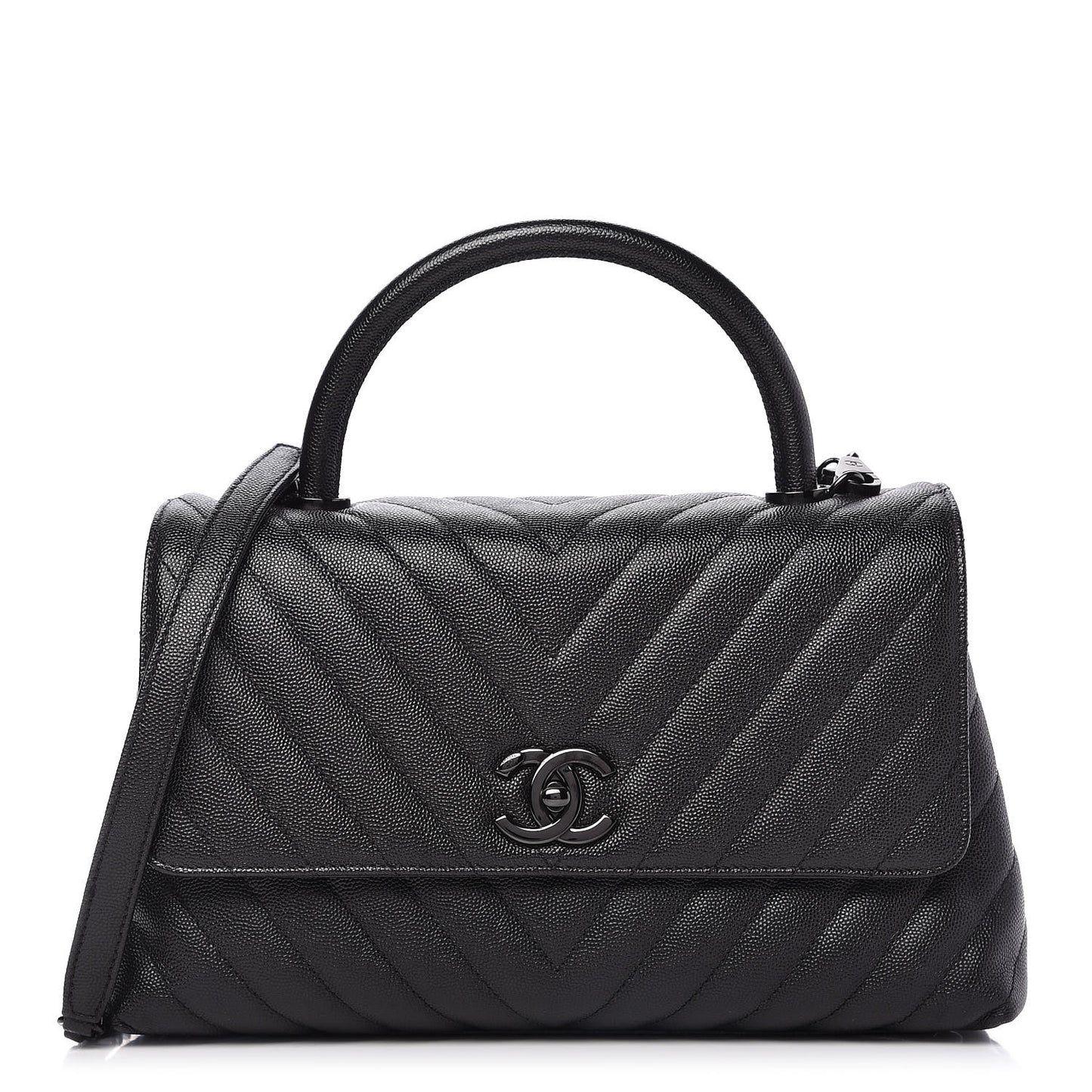 Caviar Chevron Quilted Small Coco Handle Flap So Black