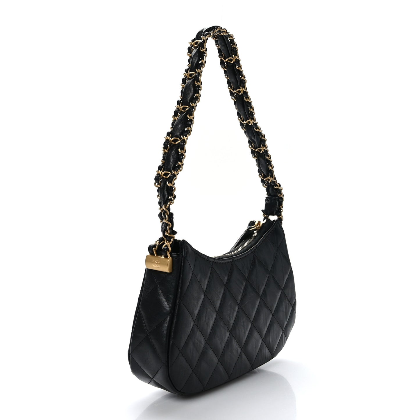 Crumpled Calfskin Quilted Braided CC Small Hobo Black