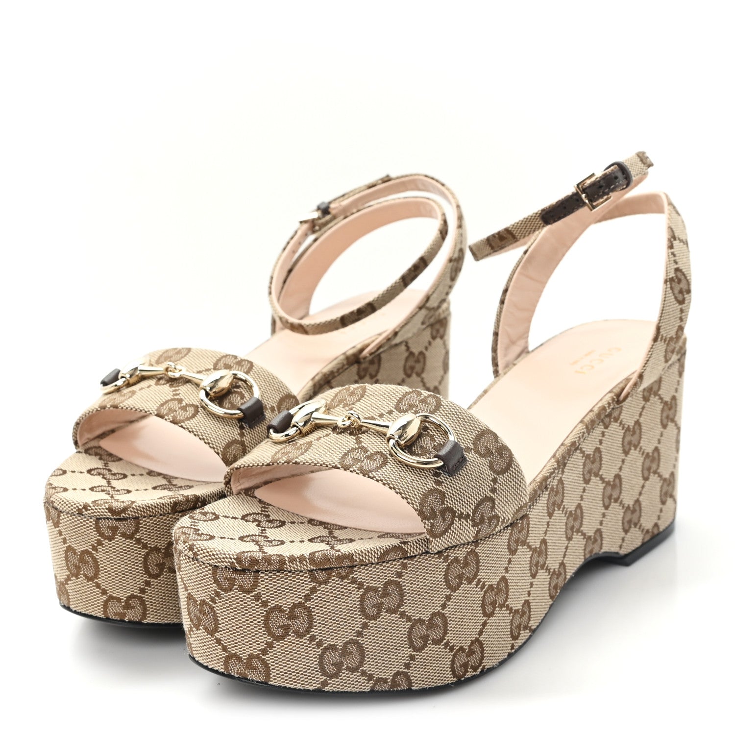 Gucci Monogram Nappa Chalotte Horsebit Ankle Strap 75mm Flatform Sandals 41 Beige Ebony 41 Beige Ebony 4 of 8