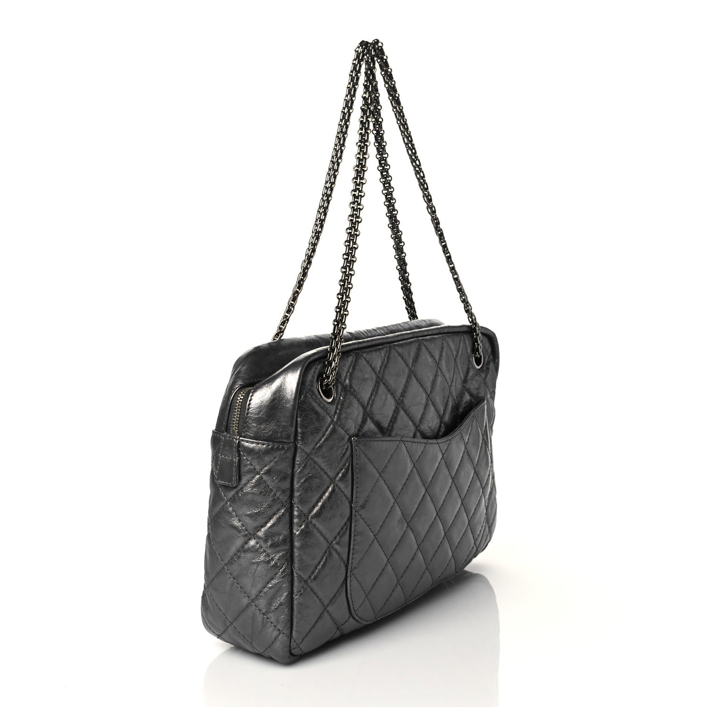 Metallic Aged Calfskin Quilted Large Reissue Camera Case Silver