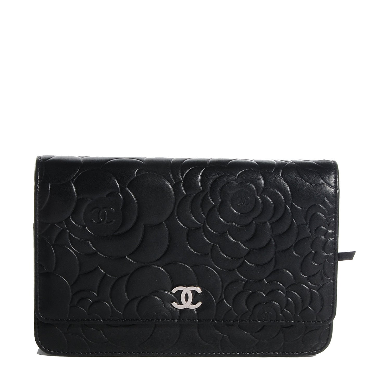 Lambskin Camellia Wallet on Chain WOC Black