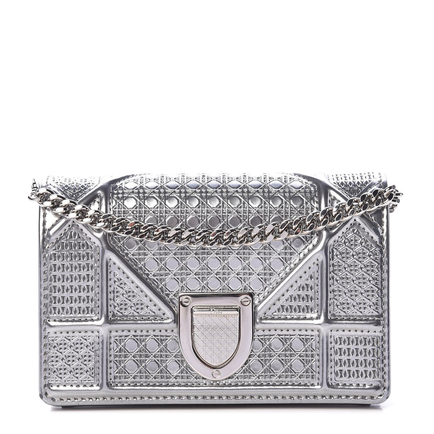 Metallic Patent Micro-Cannage Baby Diorama Flap Bag Silver
