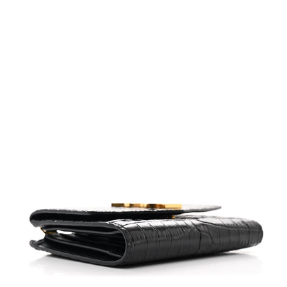 Saint Laurent Shiny Calfskin Crocodile Embossed Monogram Uptown Compact Wallet Black 4 of 7