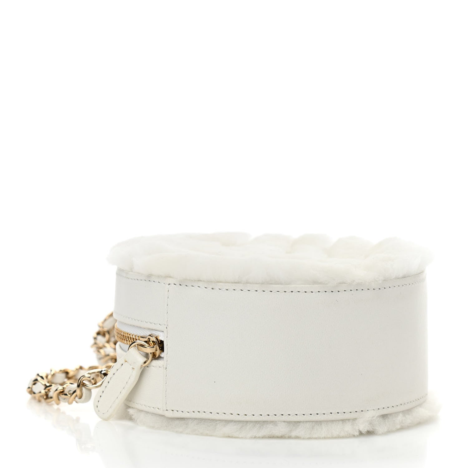 Chanel Fur Chevron Quilted Round Clutch With Chain White 4 of 11