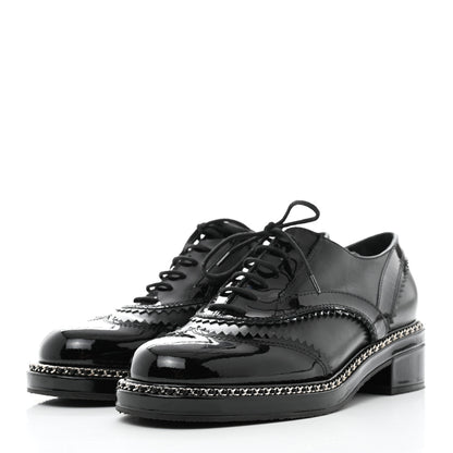 Chanel Lambskin Patent Calfskin CC Brogue Lace Up Oxfords 39.5 Black 3 of 8