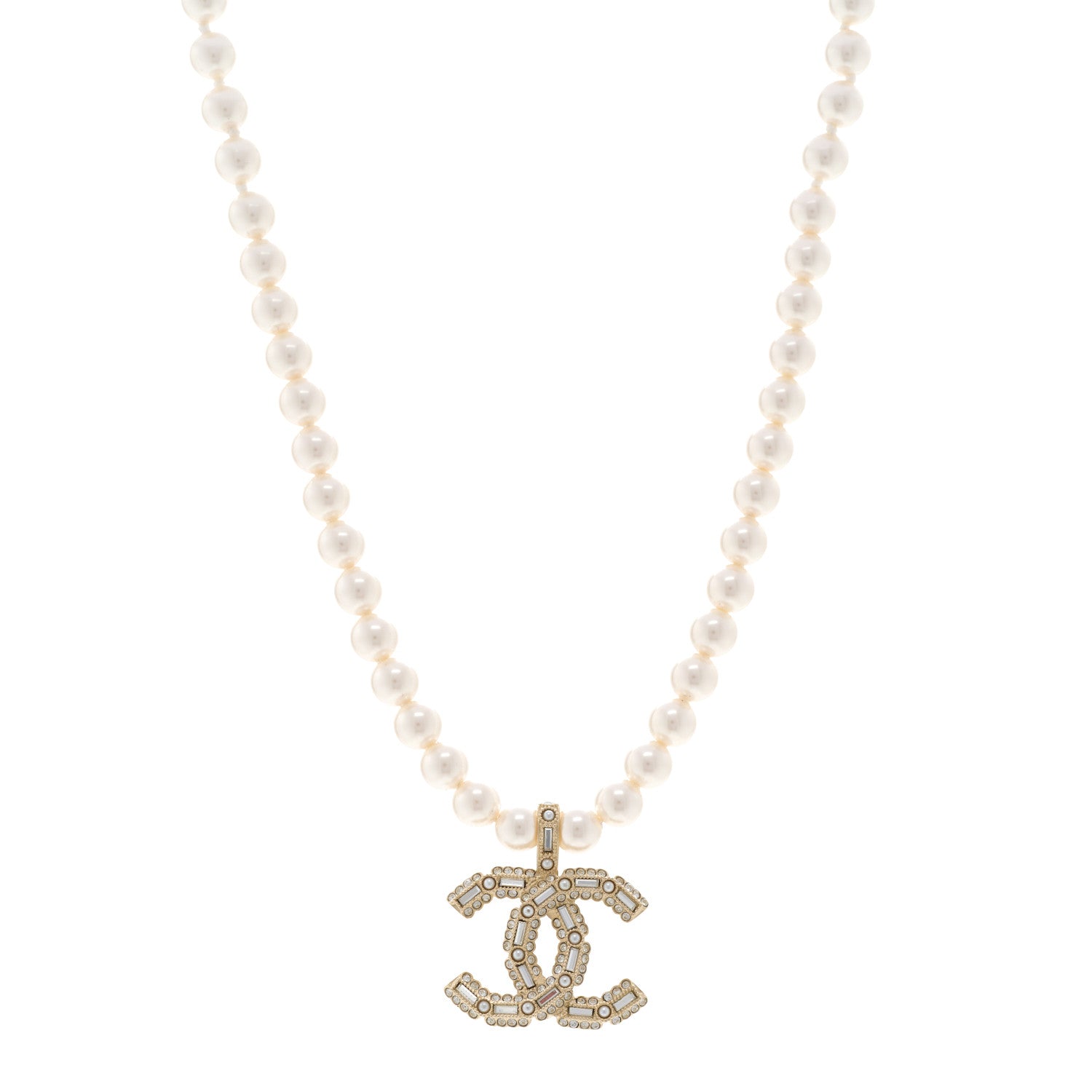 Chanel Pearl Crystal Baguette CC Short Necklace Gold 1 of 5
