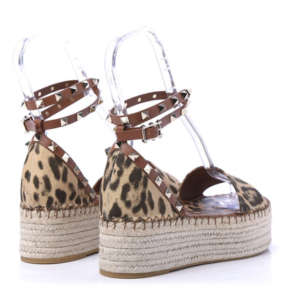 Valentino Garavani Canvas Leopard Print Rockstud Ankle Wrap Espadrille Flatform Sandals 40 Brown 4 of 9