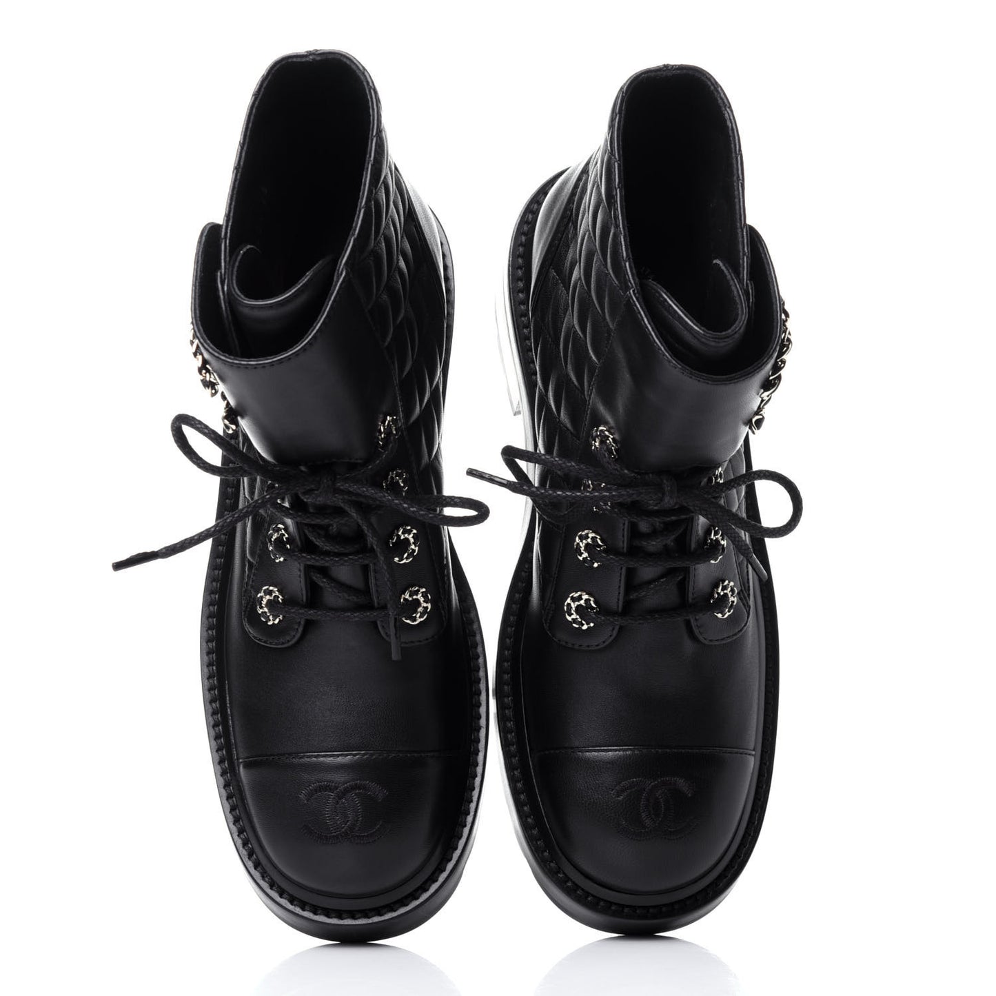 Shiny Lambskin Quilted Lace Up Combat Boots 38 Black