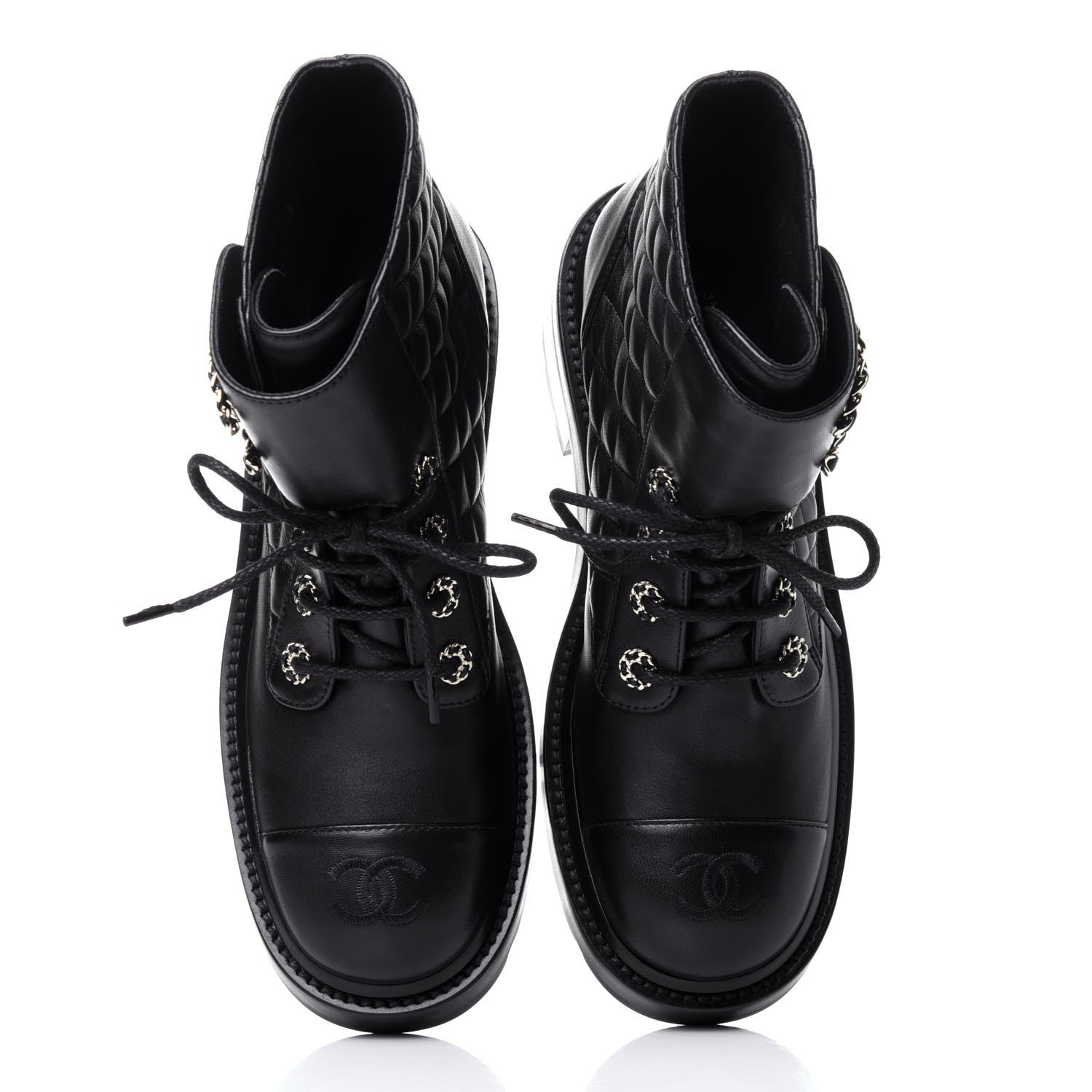 Chanel Shiny Lambskin Quilted Lace Up Combat Boots 38 Black 6 of 12